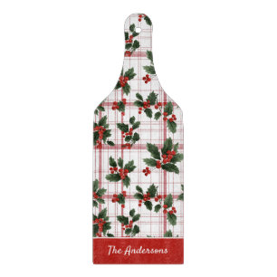 Planche À Découper Plaid de Noël à l'aquarelle avec houx, baie et nom