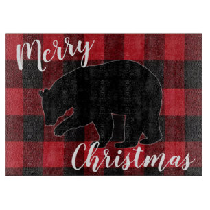 Planche À Découper Plaque de coupe en verre de Noël Ours Noir Rouge P