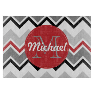 Planche À Découper Points décorés d'un monogramme noirs gris rouges