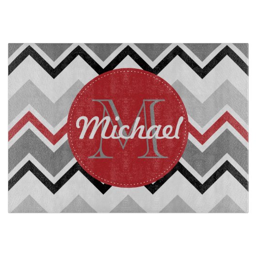 Planche À Découper Points décorés d'un monogramme noirs gris rouges (Devant)