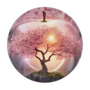 Planche À Découper Pomme Translucide Rose Avec Scène Pommier,