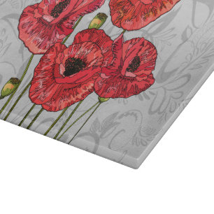 Planche À Découper Poppies rouges sur floral gris blanc