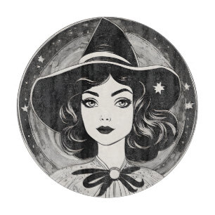 Planche À Découper Portrait de sorcière vintage noir et blanc rétro
