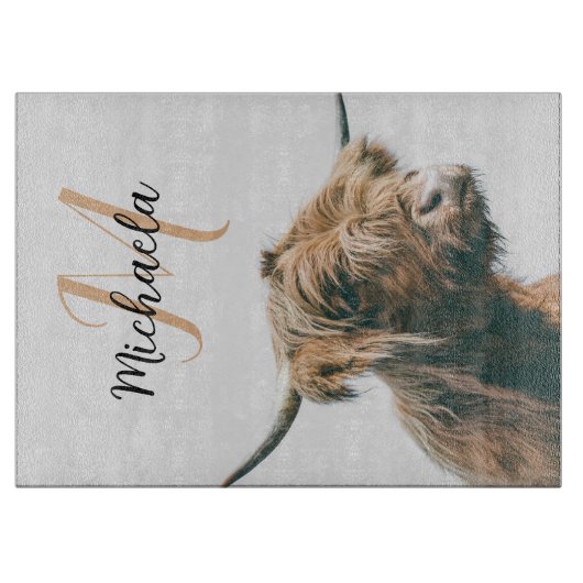 Planche À Découper Portrait de vache Highland nom personnalisé monogr (Devant)