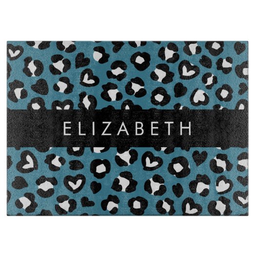 Planche À Découper Poster de animal, Léopard Bleu, Coeurs, Votre Nom (Devant)