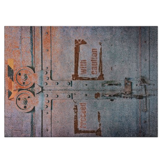 Planche À Découper Procéder avec prudence porte industrielle gris ble (Devant)