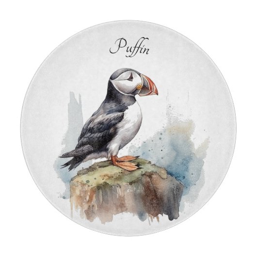 Planche À Découper Puffin sur une aquarelle rocheuse, personnalisé (Devant)