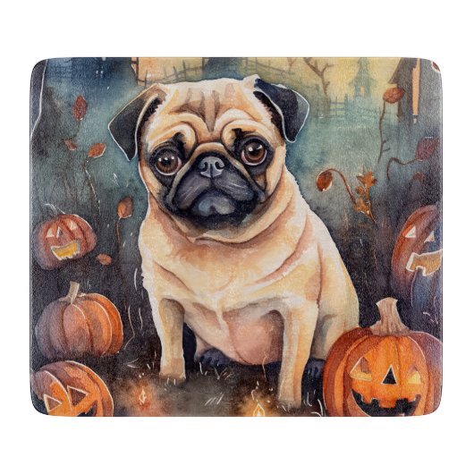 Planche À Découper Pug d'Halloween avec citrouilles effrayant (Devant)