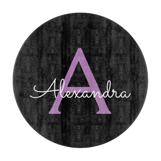 Planche À Découper Purple Black Script Girl Nom du monogramme (Devant)