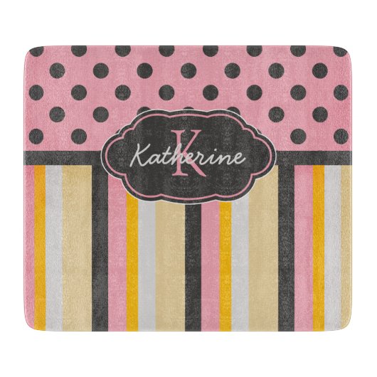 Planche À Découper Rayures chics et pois de tableau de monogramme (Devant)