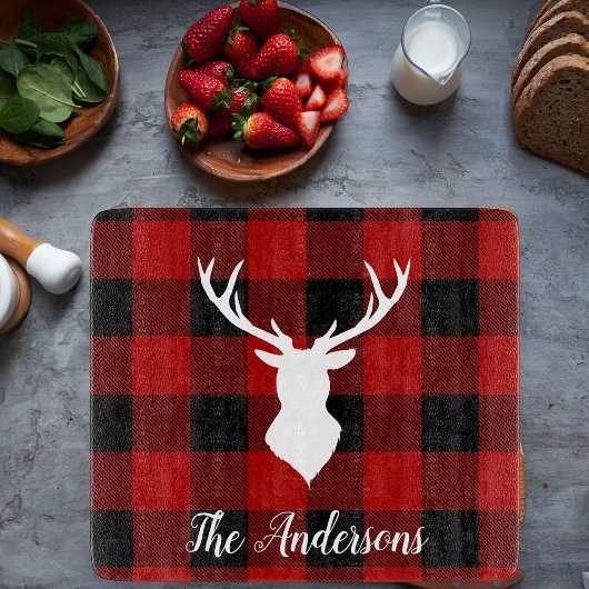 Planche À Découper Red Buffalo Plaid & Deer | Nom personnel Cadeau