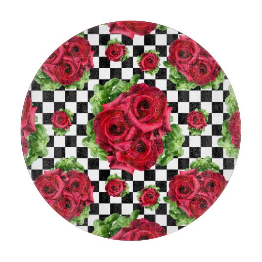 Planche À Découper Red Roses Bouquet Floral Amour Rockabilly À damier (Devant)