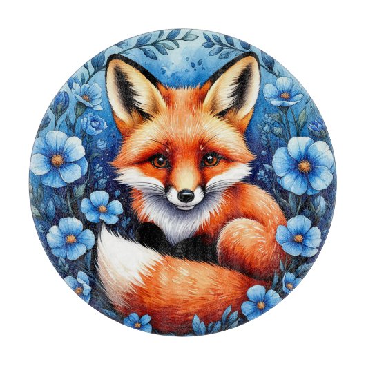 Planche À Découper Renard entouré de fleurs bleues (Devant)