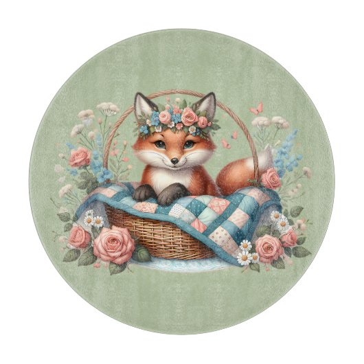 Planche À Découper Renard floral en panier avec courtepointe et fleur (Devant)