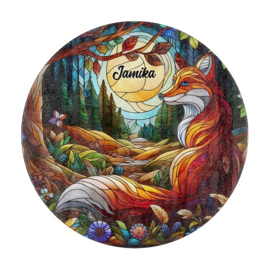 Planche À Découper Renard rouge et soleil et forêt (Devant)