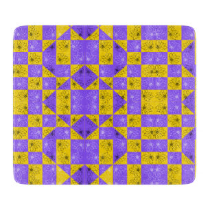 Planche À Découper Rétro Boho Violet et Jaune Damier aux Marguerites