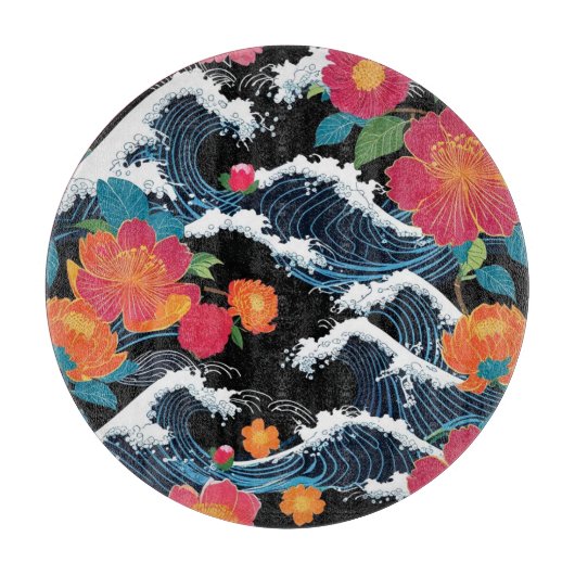 Planche À Découper Retro Modern Seigaiha Sakura Flowers Japan party (Devant)