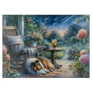 Planche À Découper Rêve de Sheltie sur la véranda du jardin étoilé