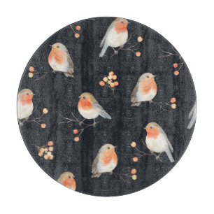 Planche À Découper Robins, baies de rowan, motif d'aquarelle d'hiver.