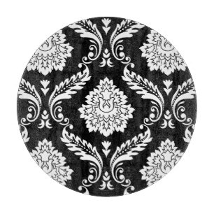 Planche À Découper Rococo Damassé Grand Motif Blanc sur Noir
