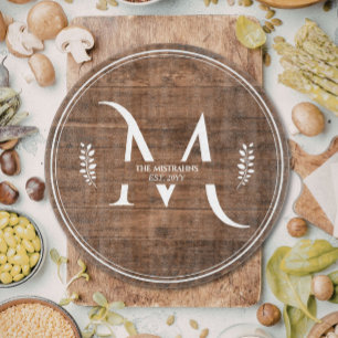 Planche À Découper Rond en faux bois rustique et élégant avec monogra