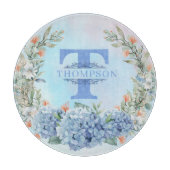 Planche à découper ronde monogramme Hydrangea bleu (Devant)