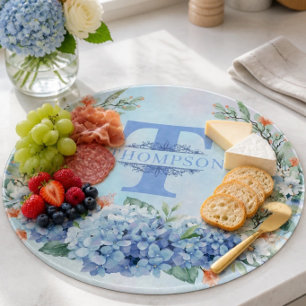 Planche à découper ronde monogramme Hydrangea bleu