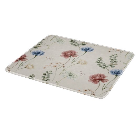 Planche À Découper Rose Bourgogne Fleurs Blanches Bleues Papillon (Coin)