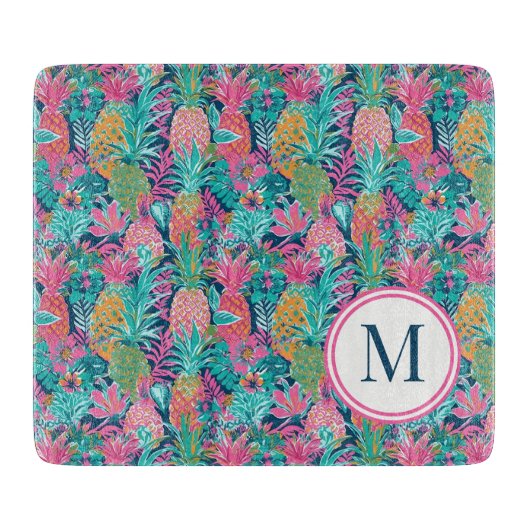 Planche À Découper Rose Clair Turquoise Bleu Marine Ananas Monogramme (Devant)