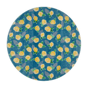 Planche À Découper Rose florale jaune sur fond bleu