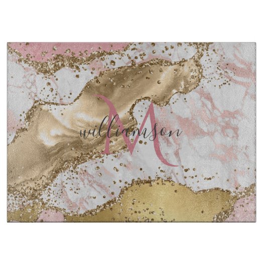 Planche À Découper Rose Gold Élégant | Monogramme Marbre Blanc (Devant)