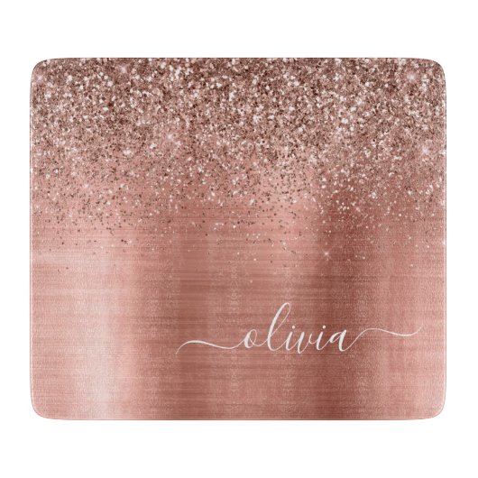 Planche À Découper Rose Gold Métal Brossé Paillettes Monogramme (Devant)