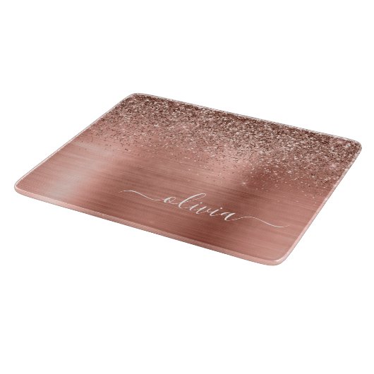 Planche À Découper Rose Gold Métal Brossé Paillettes Monogramme (Coin)