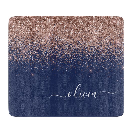 Planche À Découper Rose Gold Pailleté Monogramme Rose Clair Bleu Mari (Devant)
