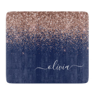 Planche À Découper Rose Gold Poudré Bleu Marine Monogramme Pailleté