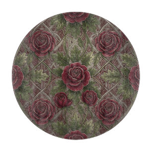 Planche À Découper Roses bordeaux rouge profond Treillis orné vert