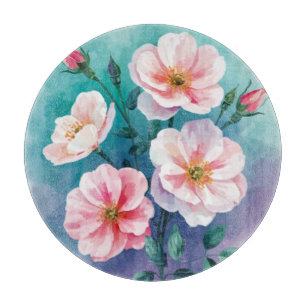 Planche À Découper Roses sauvages rose, sarcelle et bleues en aquarel