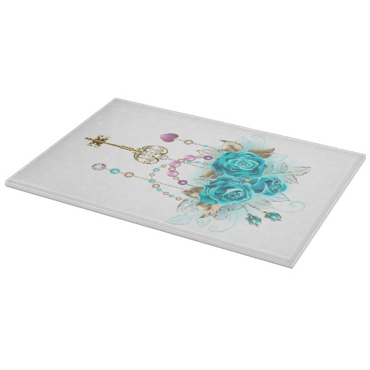 Planche À Découper Roses turquoise avec touches (Coin)
