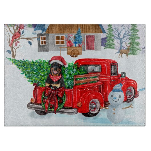 Planche À Découper Rottweiler Chien en livraison Noël Camion Neige (Devant)