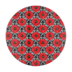 Planche À Découper Rouge Shabby Chic, motif de coquelicots noirs et b