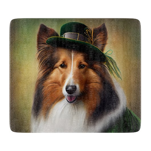 Planche À Découper Rough Collie Chien dans la tenue de la Saint Patri (Devant)