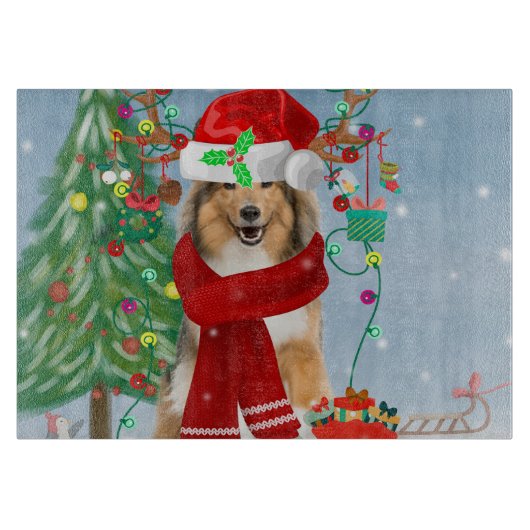 Planche À Découper Rough Collie Chien dans neige cadeau de Noël (Devant)