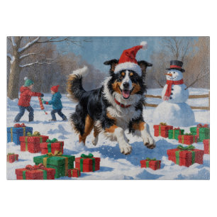 Planche À Découper Rough Collie Courir dans la neige avec le Casquett