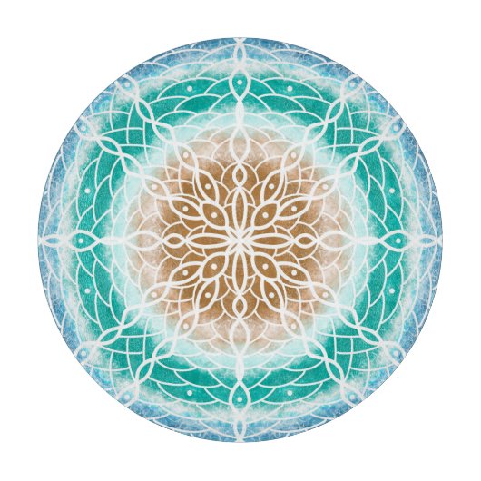 Planche À Découper Round Ocean Waves Mandala Turquoise et Turquoise (Devant)