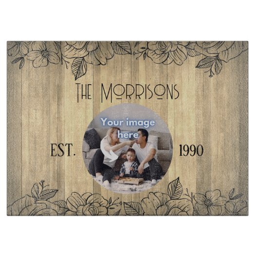 Planche À Découper Rustique Floral Anniversaire Modèle photo de famil (Devant)