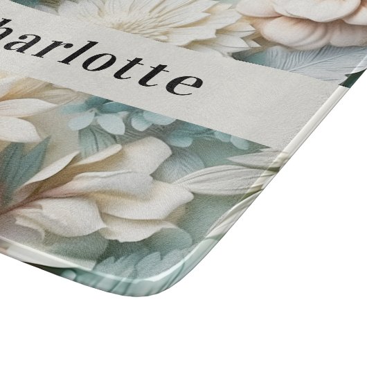 Planche À Découper Sage vert crème fleurons nom script (Coin)