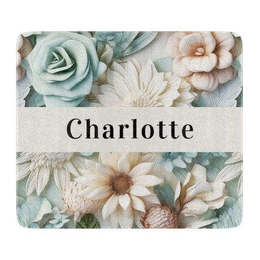 Planche À Découper Sage vert crème fleurons nom script (Devant)