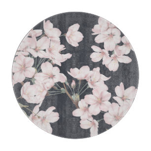 Planche À Découper Sakura floral, gris foncé, motif transparent.