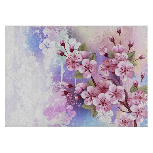 Planche À Découper Sakura rose sur fond de peinture (Devant)