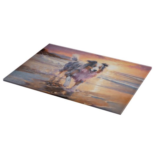 Planche À Découper Sandy Australian Shepherd Dog on Beach Sunset (Coin)